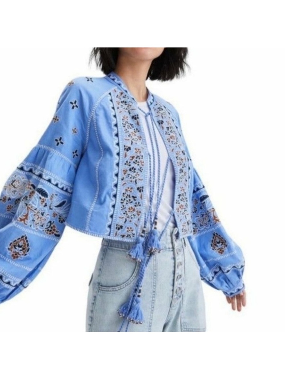Veronica Beard Blue  Embroidered Cropped Boho Jacket
